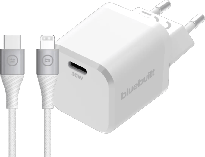 BlueBuilt Power Delivery Oplader 30W + Lightning Kabel 1,5m Nylon Wit