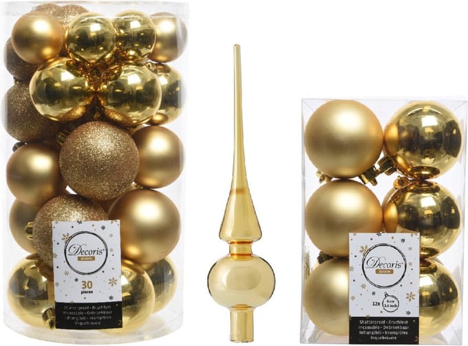 Decoris Kerstversiering - kerstballen - goud - 4-5-6 cm - 43x stuks - met glazen piek -26 cm
