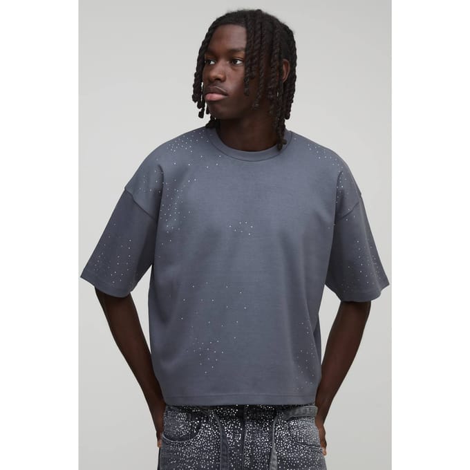 Oversized Ingekrompen Boxy Rhinestone Heavyweight Interlock T-Shirt | Charcoal | Size Medium