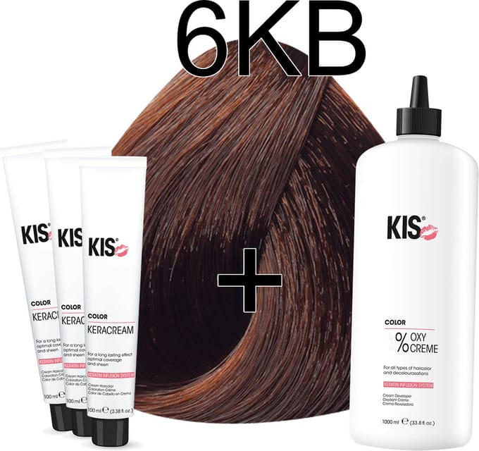 Kis KeraCream Color - 100ml - Haarverf Set - 6KB Donker koperblond | KIS - (3 x haarverf & 1L waterstofperoxide)