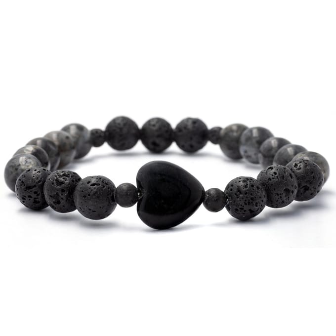 Bixorp Gems Lavasteen + Obsidiaan Armband met Hartje - 8mm / 18cm - Edelstenen Kralenarmband
