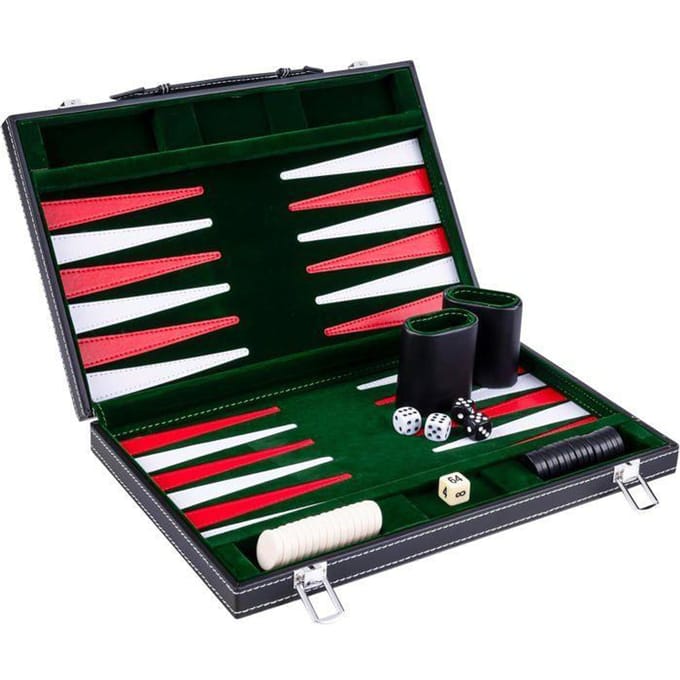 Backgammon 15 inch - Groen, Rood & Wit Gestikt Bord - Kunstlederen Koffer met Handvat - Engelhart