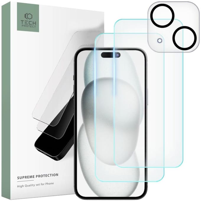 Tech-Protect Supreme Set for iPhone 15 2x Tempered Glass for Display / Tempered Glass for Camera