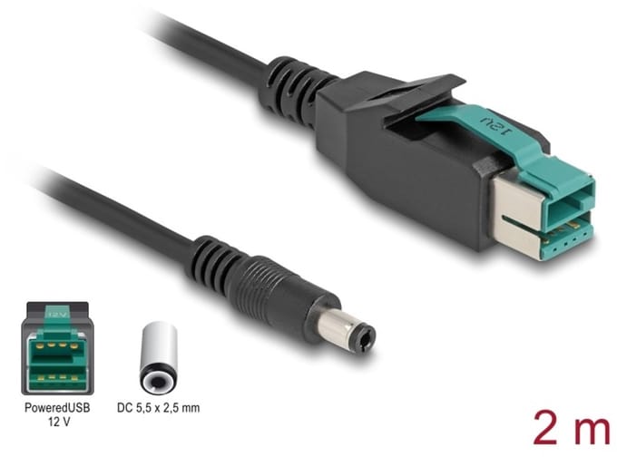 Delock 80496 USB-stroomkabel PoweredUSB 12V stekker, DC-stekker 5,5 mm 1.00 m Zwart Met USB