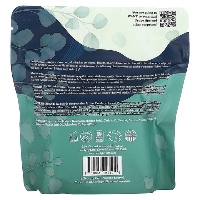 Beauty By Earth, Émollient Breathe pour douche à vapeur, eucalyptus et menthe, 7 comprimés black