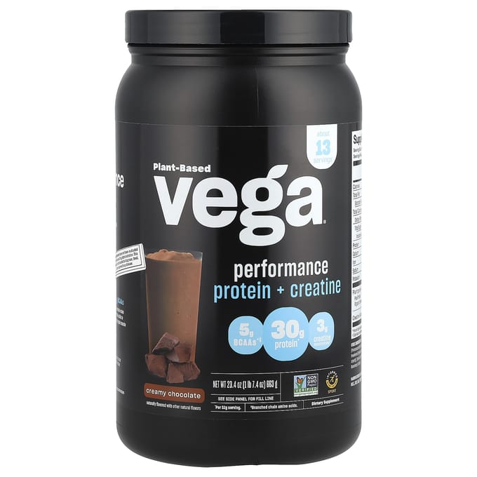 Vega, plantaardig, prestatieverhogend eiwit + creatine, romige chocolade, 1 lb 7.4 oz (663 g)