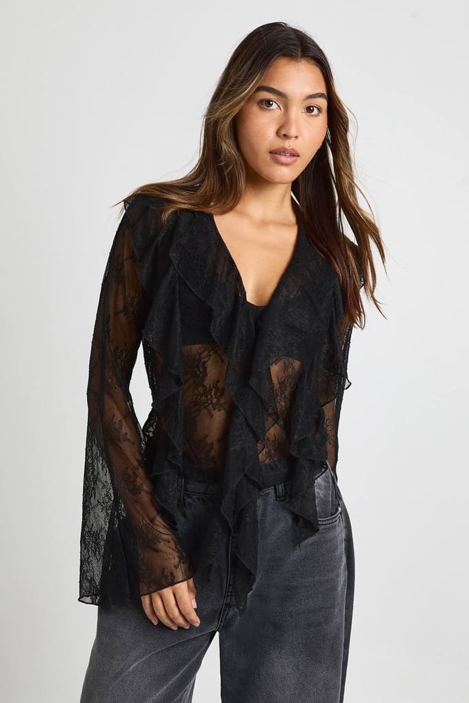 boohoo Transparante kanten blouse met ruches | Black | Maat: 6
