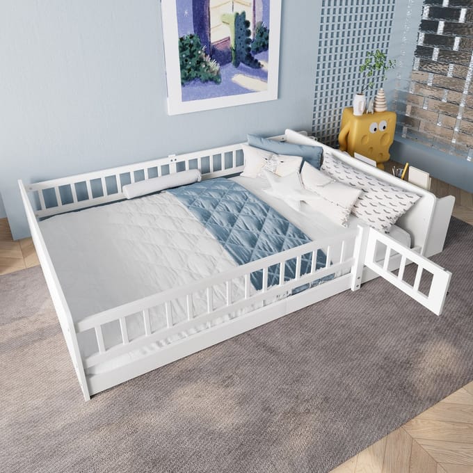 Sweiko Kinderbed - 140 x 200 cm - met Uitvalbeveiliging - Grenenhout + MDF - Opbergruimte - Wit