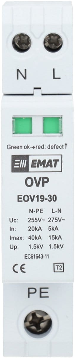 EMAT overspanningsbeveiliging type 2 1P+N (TN-S, TT) 40kA DIN-rail (85011000)