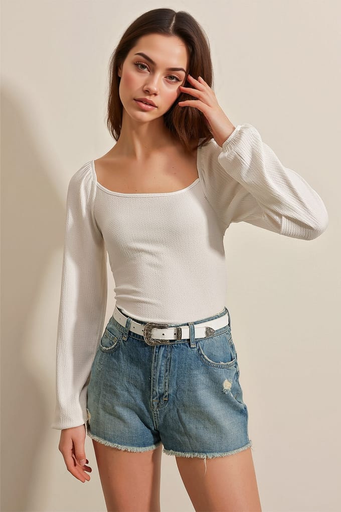 Aansluitende Textuur Blouse met Vierkante Kraag en Rimpeldetails