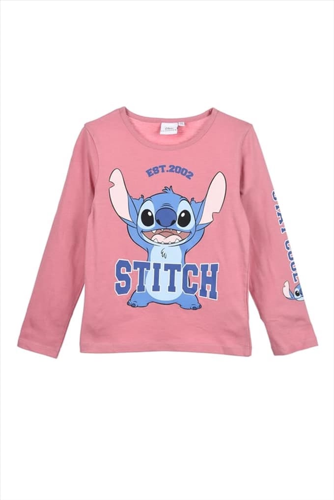 Disney Stitch Shirt - Lange Mouw - Donkerroze - Stitch - Maat 122/128