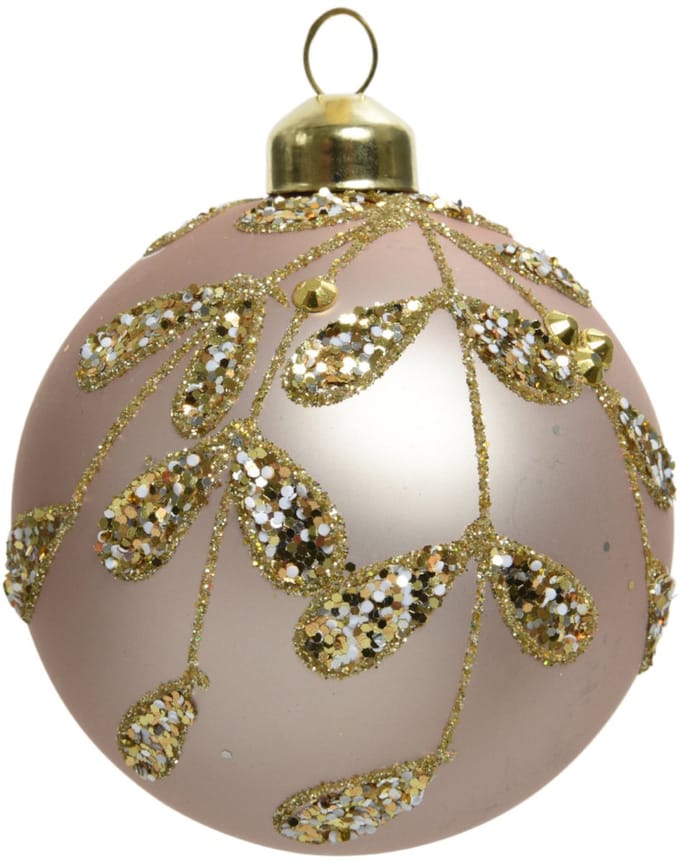 KAEMING B.V. - 3 roze poederglazen kerstballen met gouden bladeren 8 cm met glitter