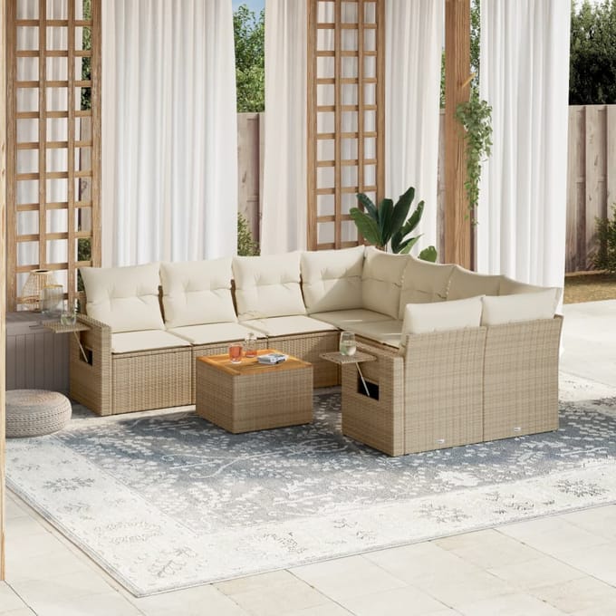 vidaXL - 9-delige - Loungeset - met - kussens - poly - rattan - beige