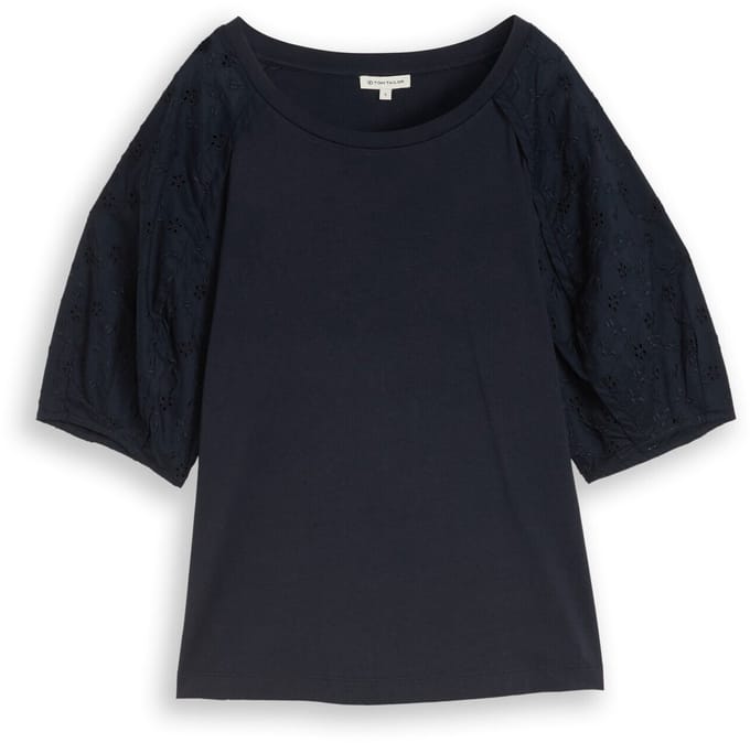 Tom Tailor - T-shirt met opengewerkte borduursels - Maat M - sky captain blue
