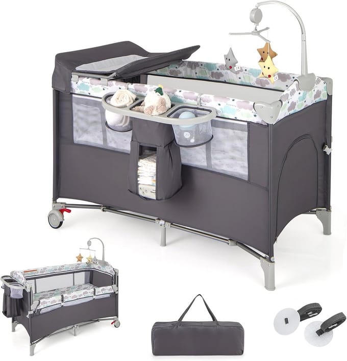 5-in-1 Opvouwbaar Cododo Babybed met Matras en Luiertafel - Multifunctioneel Reisbureau voor Kinderen 0-36 Maanden