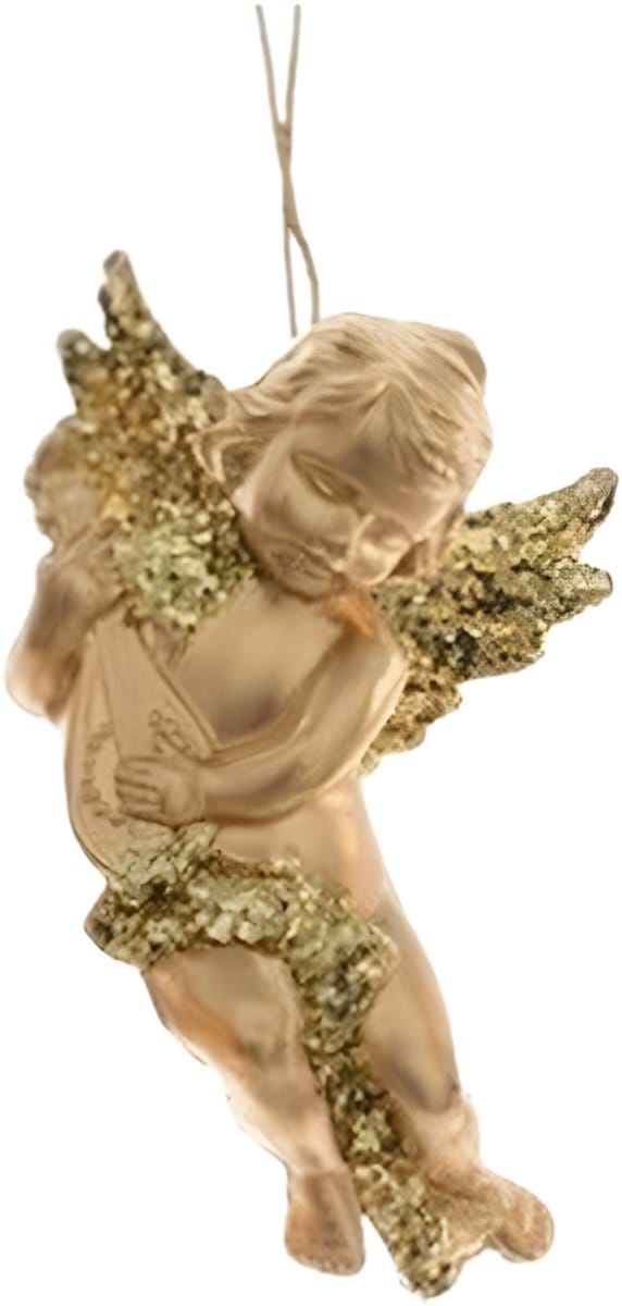 Gouden engel met lute kerstversiering hangdecoratie 10 cm