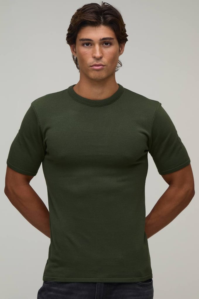 Muscle Fit Soft Touch Knitted T-Shirt | Olive | Size Small