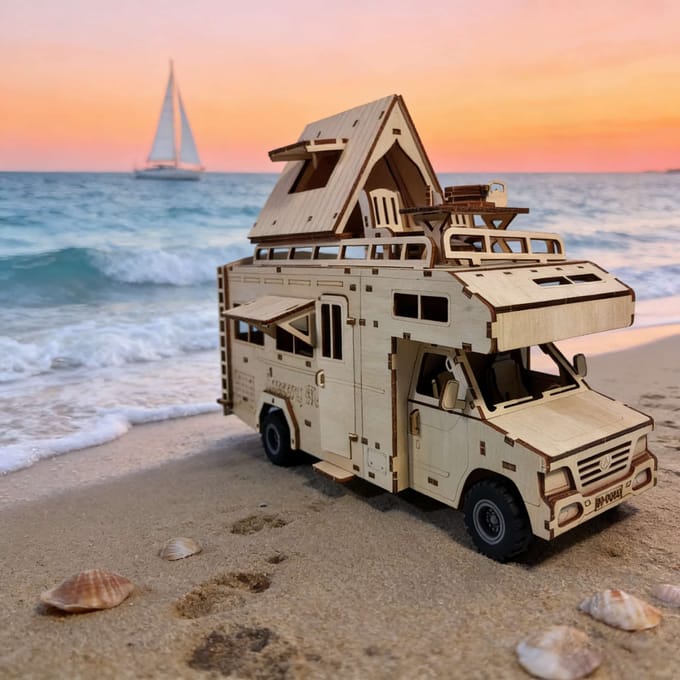 3D Houten Puzzel Camperbus Schaalmodel DOE-HET-ZELF Minikit Handgemaakt Cadeau Woondecoratie Assemblagespeelgoed wit