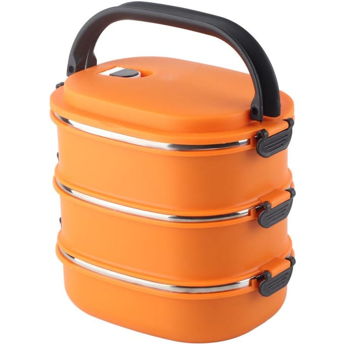 Boîte à Bento 3 Couches Acier Inoxydable Portable Isotherme Récipients à Déjeuner pour Bureau École Orange L orange