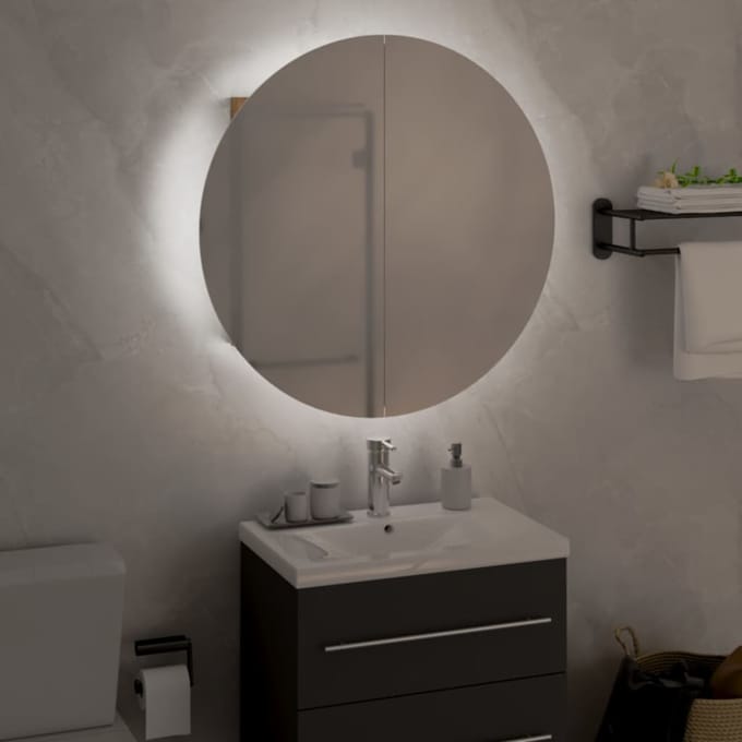 vidaXL - Badkamerkast - met - ronde - spiegel - en - LED - 47x47x17,5 - cm - eiken