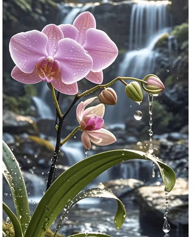 diamond painting orchidee met op de achtergrond watervallen 30 x 40 cm