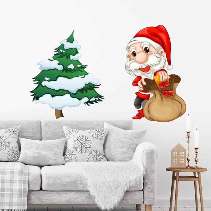 Kerststicker: Kerstman en zijn kerstboom - Kerststickers - feestversiering - 100x145cm