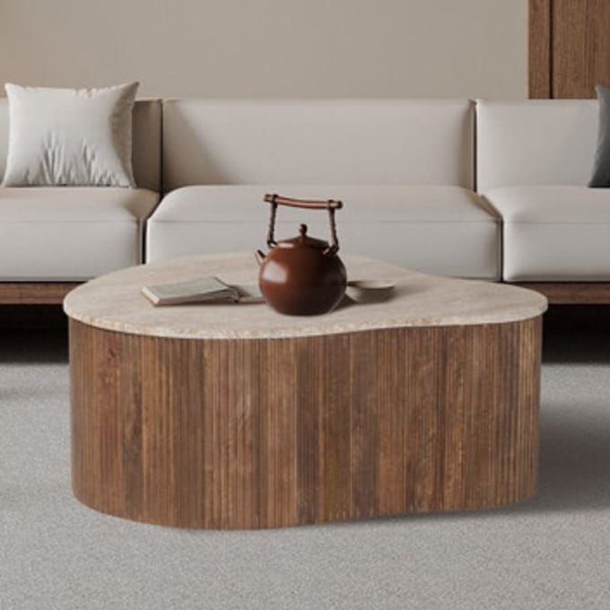 Salontafel 'Paul' 83 cm Mango Hout met Travertin Beige