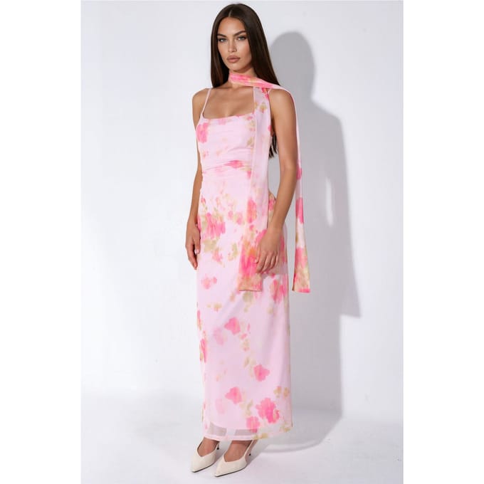 Geprinte Tulle Midi-jurk met Sjaaldetail