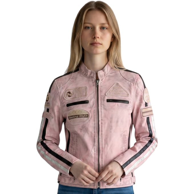 Dames Biker Racing Badges Roze Leren Jas-Incheon