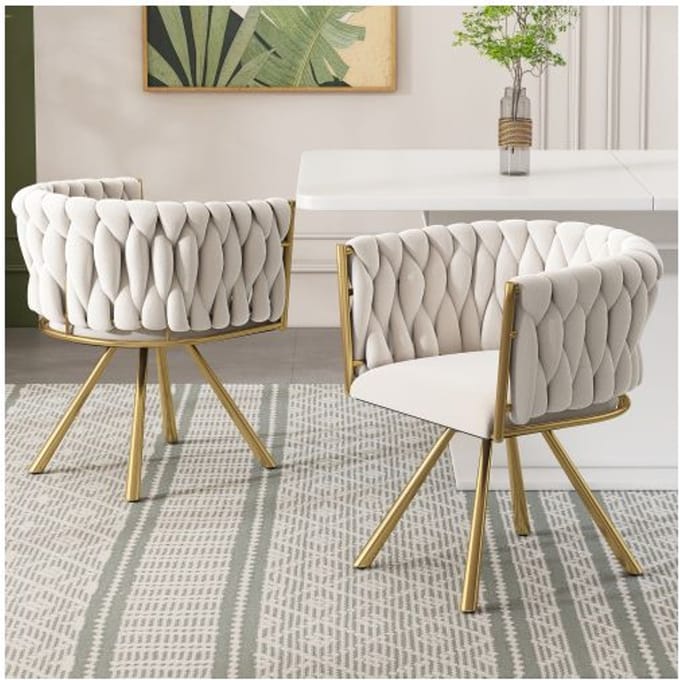Eetkamerstoel - MUVOE - Fluweel - 360° Draaibaar - Beige en goud - Set van 2 beige