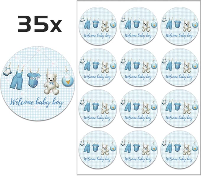 DW4Trading Geboorte Sticker Welcome Baby Boy - Envelop - Sluitsticker -  Babyshower - 35 Stuks – Ø 3,5 cm