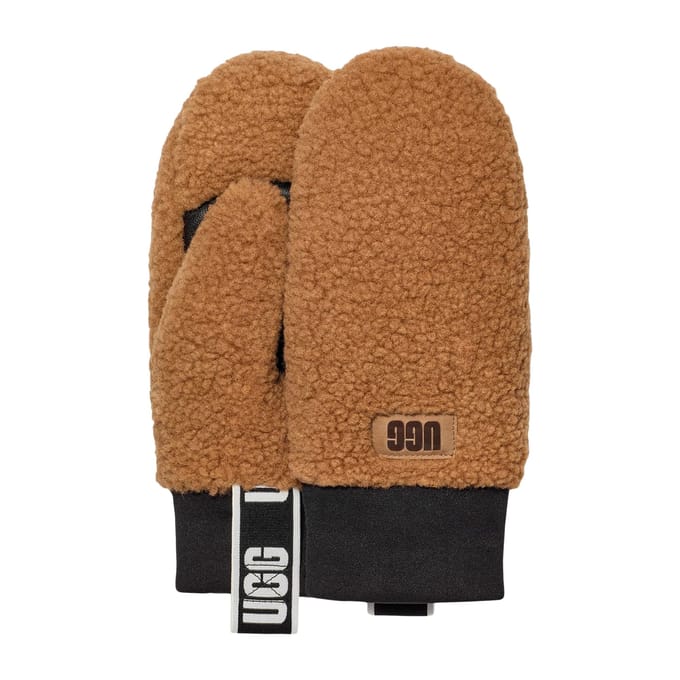 UGG® UGG fluff Mitten With Logo Tape for Women in Brown, Size S/M, Fleece/Polyester/Leather