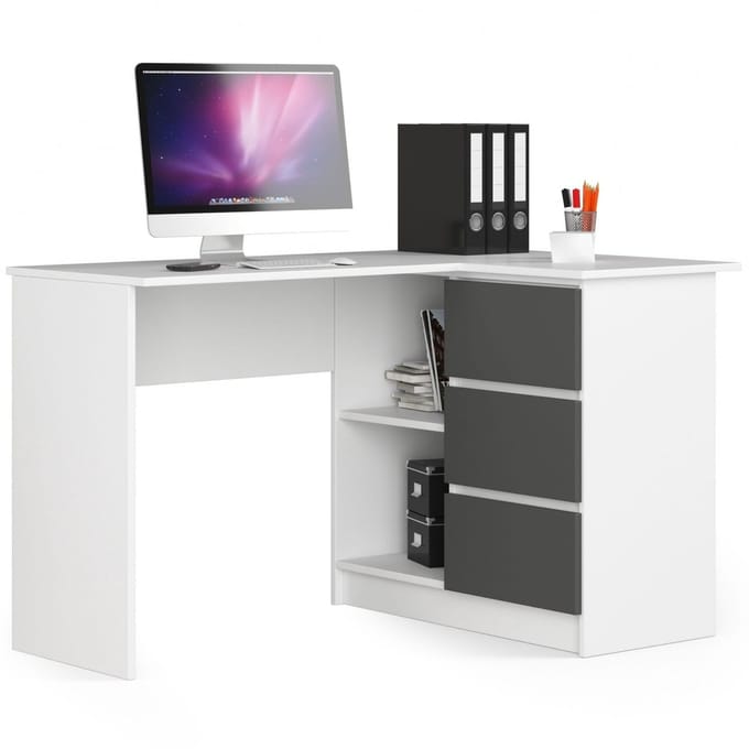Hoekbureau Rechts B16 / Computerbureau / Computer Tafel / Bureautafel Rechts / Wit - Grafietgrijs / 124 x 77 x 85 cm