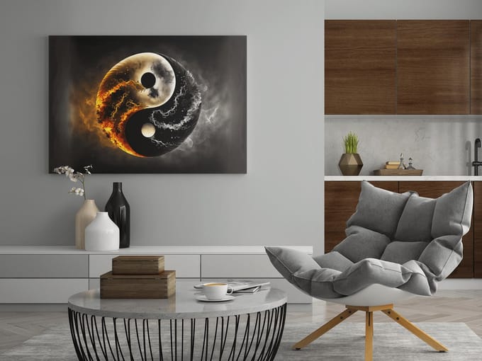 Canvas Schilderij - Yin en Yang - Zwart - Wit - Abstract - 90x60x2 cm
