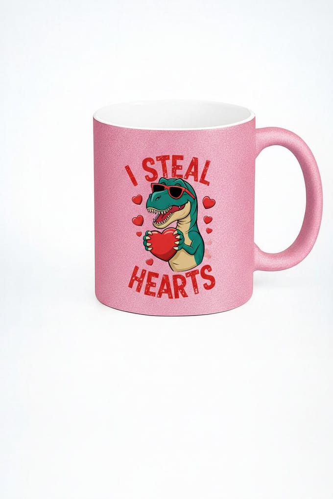 T-Rex 'I Steal Hearts' Roze Glitter Mok - Grappig Valentijnscadeau