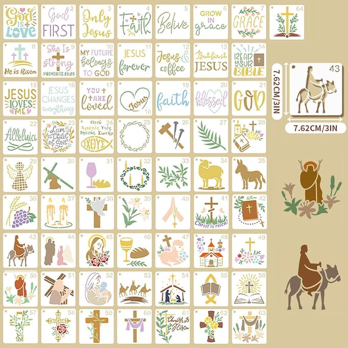 Knutsel Sjablonen Set - Herbruikbare Tekenmal - Creatief Decoreren - 64 Diverse Christelijke Designs - 76 x 76 cm - Wit