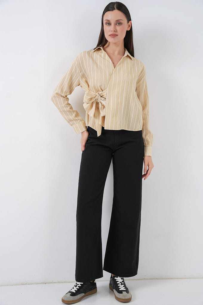 Gestreepte Lange Mouwen Shirt met Strikdetail