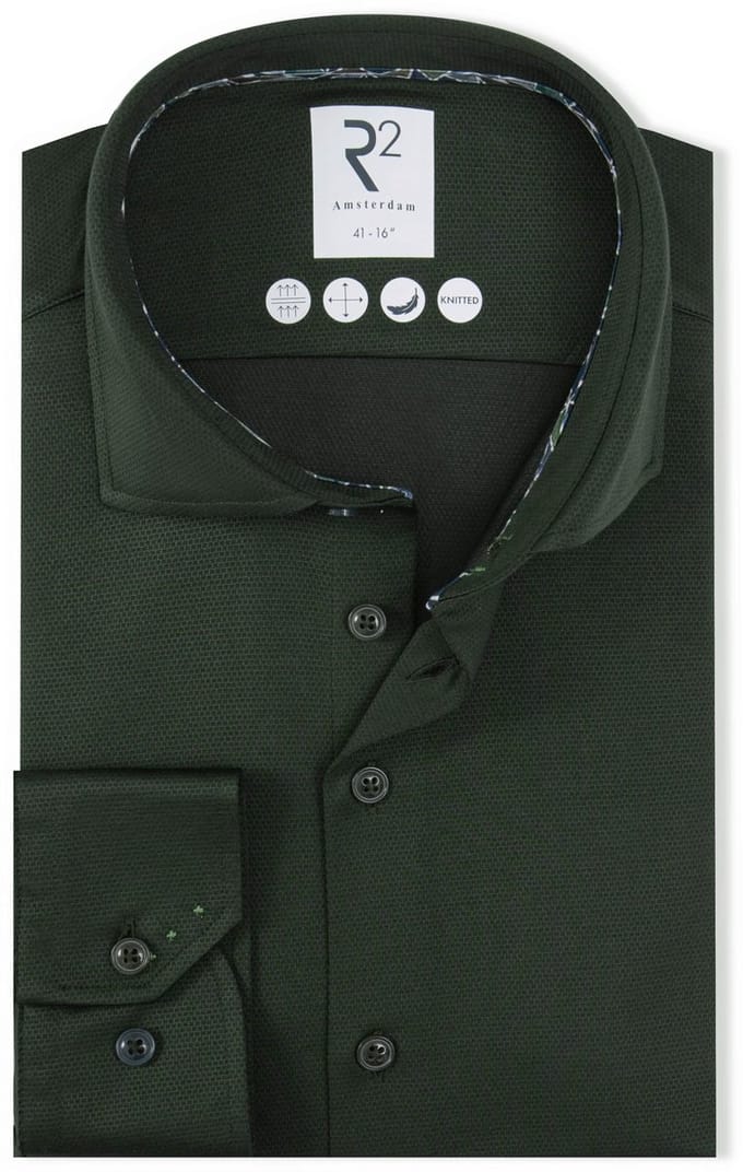 R2 Overhemd Dobby Travel Shirt Donkergroen - Maat 45 - Heren - Overhemden Formeel