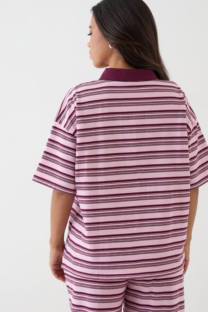 Dames Dsgn Studio Gestreepte Polo Top Met Korte Mouwen | Pink | Maat: Medium