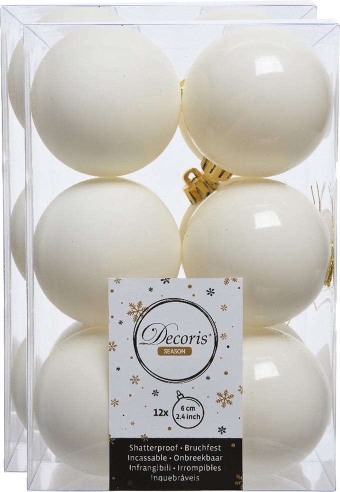Decoris kerstballen - 24x st - wol creme wit - D6 cm - kunststof - mat/glans - kerstversiering