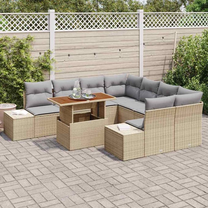 vidaXL Tuin Eettafel Set met kussen 9 pcs Beige en Grijs
