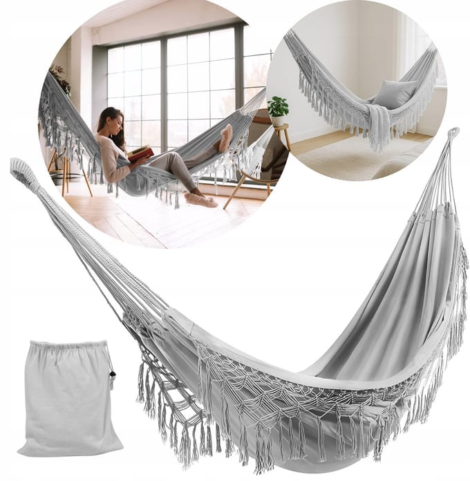 Grote Boho Hamak Tuin Balkon - Grijs met Franjes
