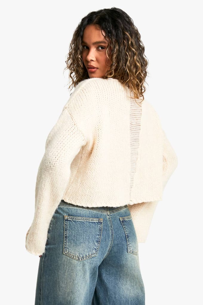 boohoo Dames Ladder Stitch Back Detail Boxy Crop Jumper | Light Stone | Maat: Large