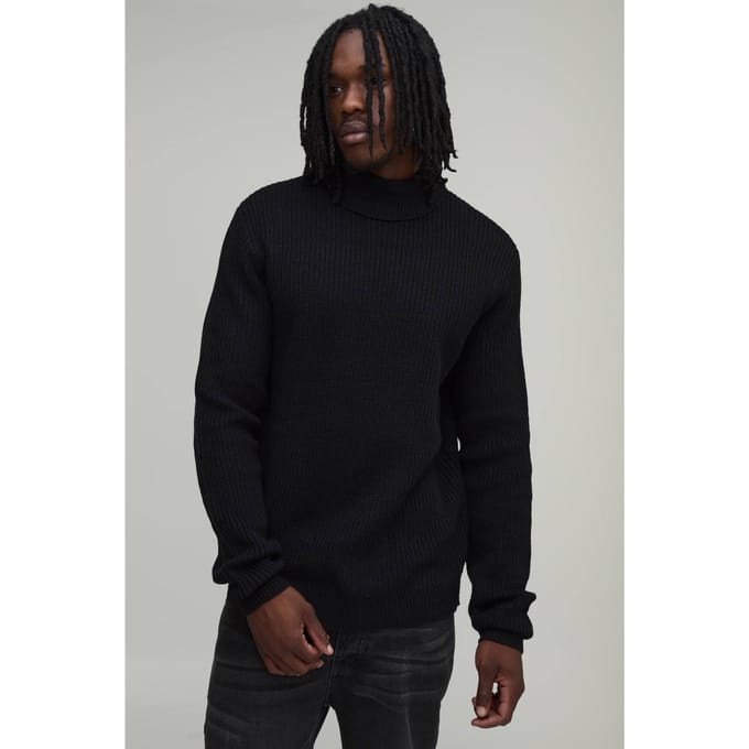Lange Regular Fit Coltrui Geribbelde Gebreide Trui | Black | Size 2XL