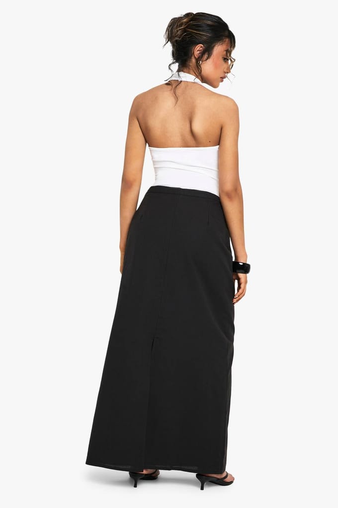 boohoo Dames Linnen Gespleten Maxi Rok met Achterklep | Zwart | Maat: 34