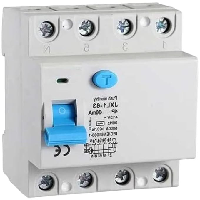 Aardlekschakelaar - Stroomonderbreker - Elektrische veiligheid - 30mA detectie - 4 modules - Grijs