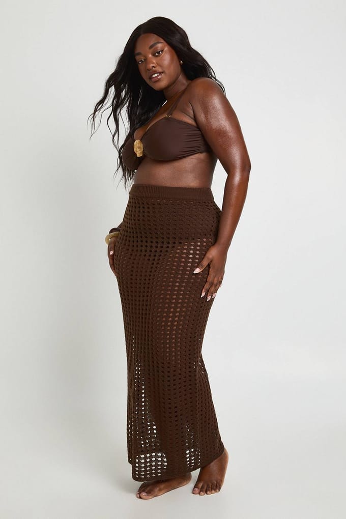 boohoo Dames Plus Gehaakte Gebreide Maxi Rok | Chocolate | Maat: 16