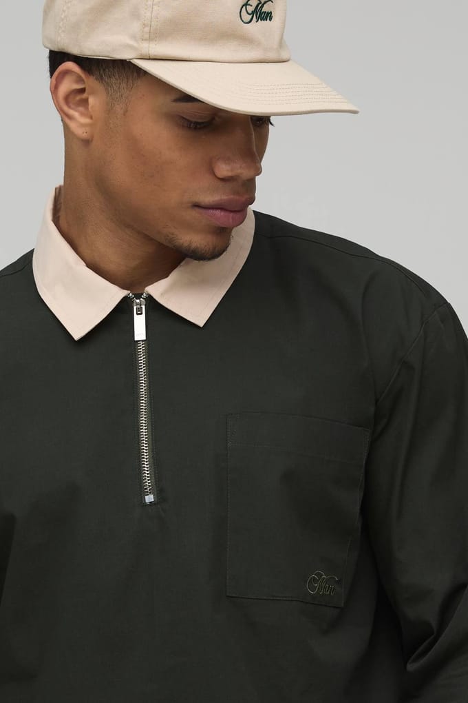 Oversized Boxy Quarter Zip Contrast Collar Poplin Shirt | Forest | Size Medium