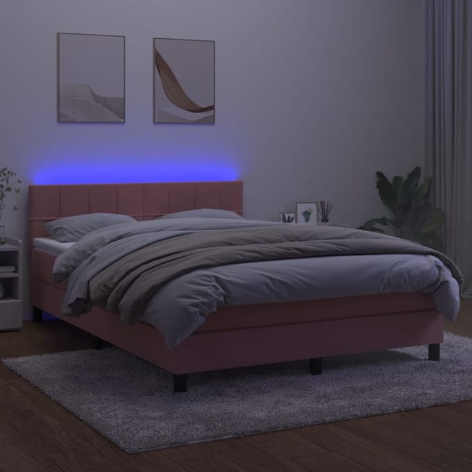 vidaXL - Boxspring - met - matras - en - LED - fluweel - roze - 140x200 - cm