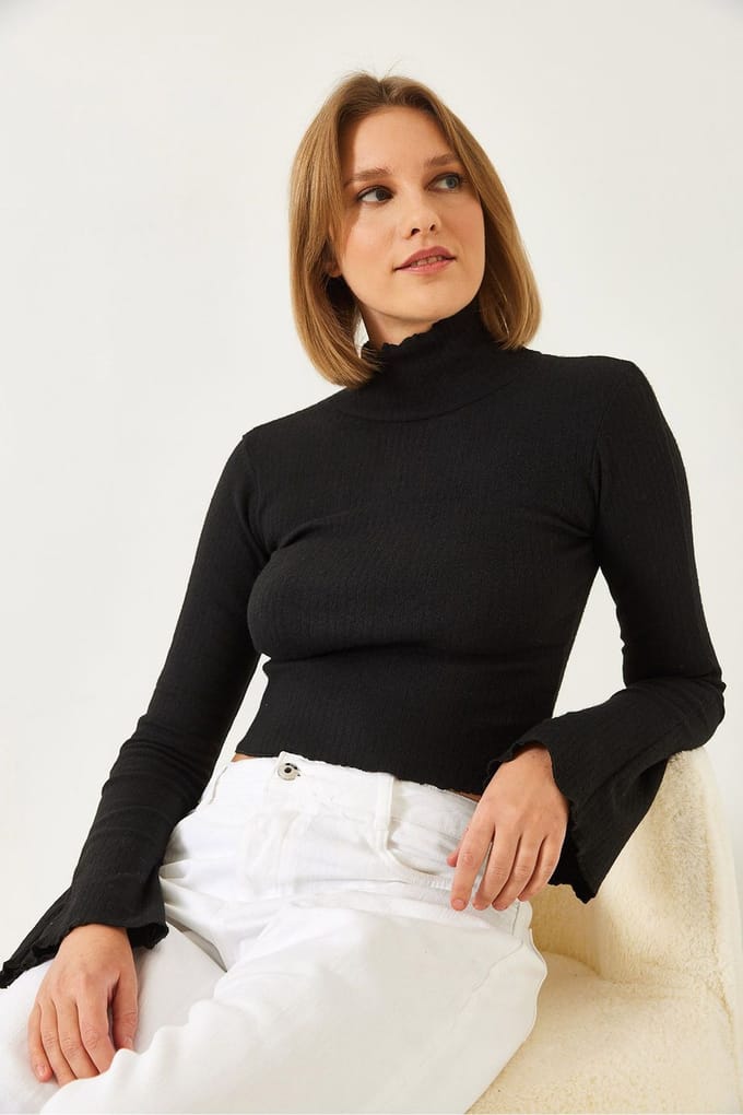 Geribbelde Halflange Turtleneck Crop Blouse